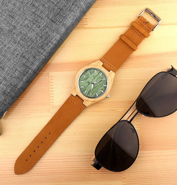 Round Bamboo Wood Quartz Watch - Wooden Bezel Watch With Black or Green Dial and Classic Roman Numerals Wicked Tender