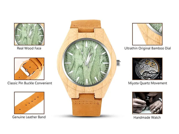 Round Bamboo Wood Quartz Watch - Wooden Bezel Watch With Black or Green Dial and Classic Roman Numerals Wicked Tender