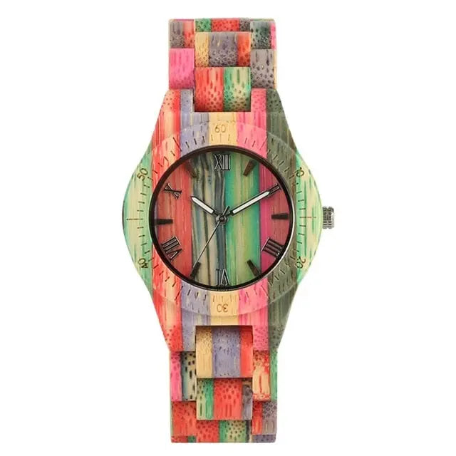 Round Rainbow Pastel Bamboo Wood Quartz Watch Minimal Multi colour Wicked Tender