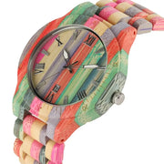 Round Rainbow Pastel Bamboo Wood Quartz Watch - Multi-colour Wooden Bezel Watch with Classic Roman Numerals or Minimal Dial Wicked Tender