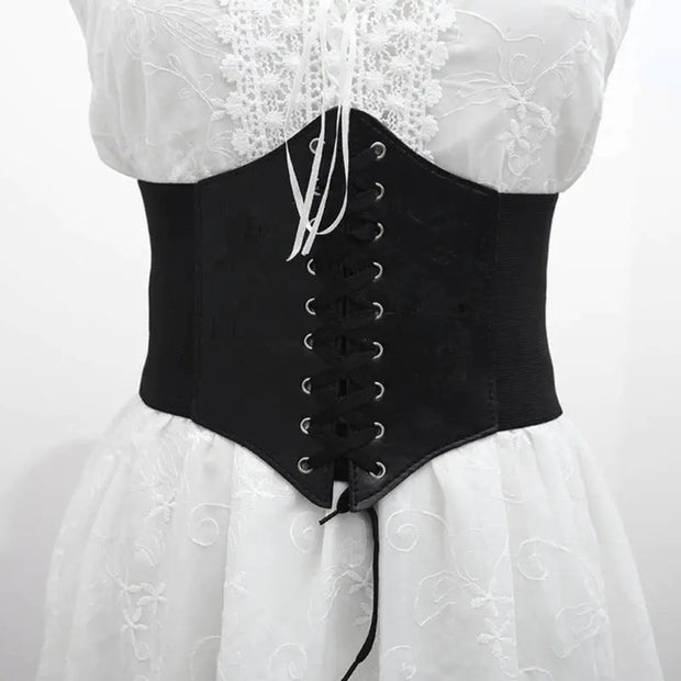 Shaping Elastic Corset - Adjustable Wide PU Leather Waist Band with Lace Wicked Tender