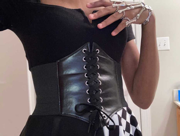 Shaping Elastic Corset - Adjustable Wide PU Leather Waist Band with Lace Wicked Tender