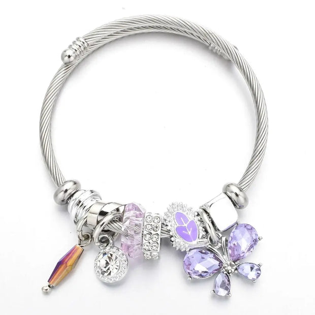 Silver Kimani - Crystal Butterfly Charm Bracelet, Adjustable Stainless Steel Cuff Bangle Wicked Tender