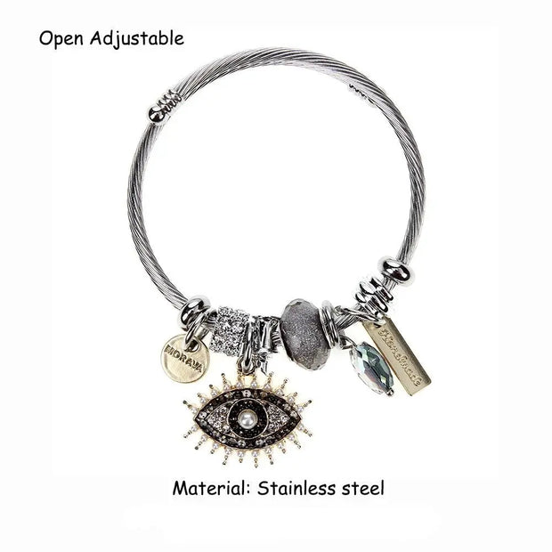 Silver Morava - Crystal Evil Eye Pendant Charm Bracelet, Adjustable Stainless Steel Cuff Bangle with Rhinestones Wicked Tender