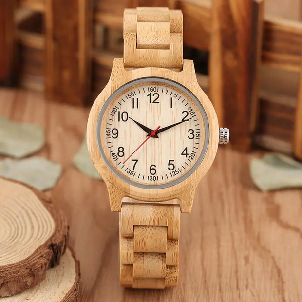 Simple Round Bamboo Wood Quartz Watch - Casual Natural Light Wooden Bezel Watch With Classic Numbered Dial Wicked Tender