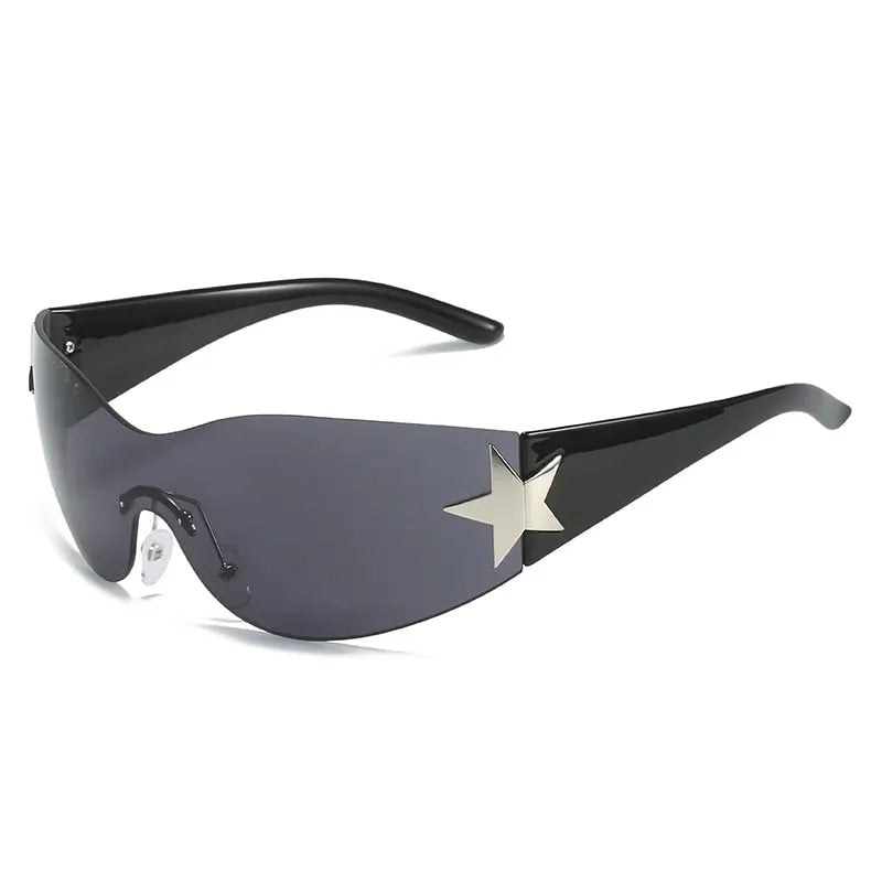 Star Slayers Futuristic Wrap Around Gold Star Sunglasses, Oversized Black Black