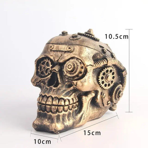 Steampunk Skull Statue with Gear Goggles - Detailed Brass or Silver Tone Sculpture for Parties or Halloween Home Decoration Wicked Tender