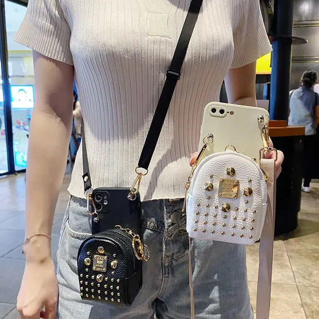 iPhone case with strap Studded Backpack iPhone Case - Black or White Leather iPhone Case with Strap for iPhone 7, 8, X, XS, 11, 12, SE, 13, Pro, Pro Max, Mini Wicked Tender