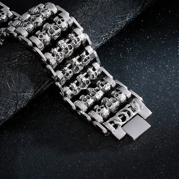 viking bracelet for men Tower of Skulls - Large Vintage Stainless Steel Viking Bracelet for Men Wicked Tender