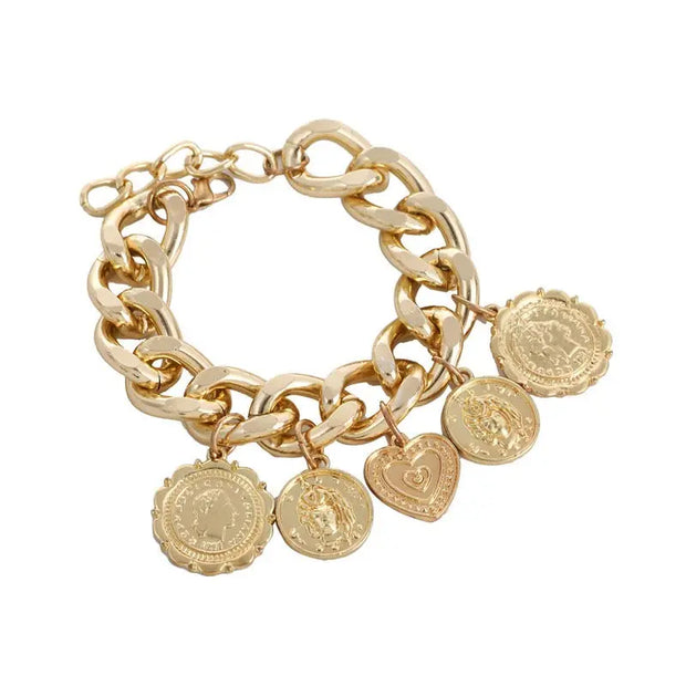 Treasure Trove Coin Pendant Bracelet - Vintage, Massive, Thick, Gold or Silver Plated Chain with Five Hanging, Gold or Silver Plated, Coin Pendants Wicked Tender