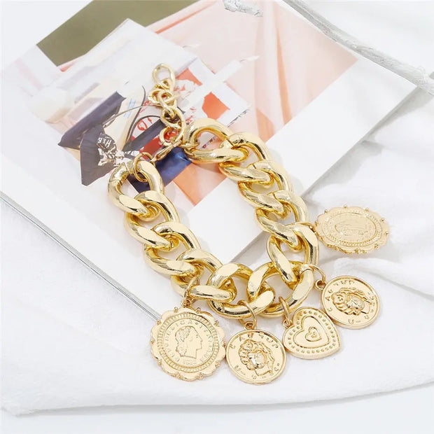 Treasure Trove Coin Pendant Bracelet - Vintage, Massive, Thick, Gold or Silver Plated Chain with Five Hanging, Gold or Silver Plated, Coin Pendants Wicked Tender