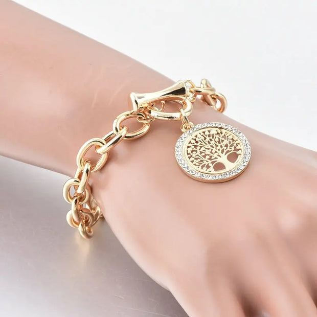 Tree of Life Coin Pendant Bracelet - Thick, Gold or Silver Plated Chain, Gold or Silver Plated Coin with Rhinestone Crystals, Toggle Clasp Wicked Tender