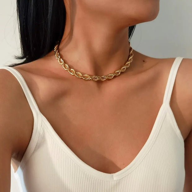 Twisted Rope Chain Collar Necklace - Adjustable Thick Chunky Choker Necklace Wicked Tender
