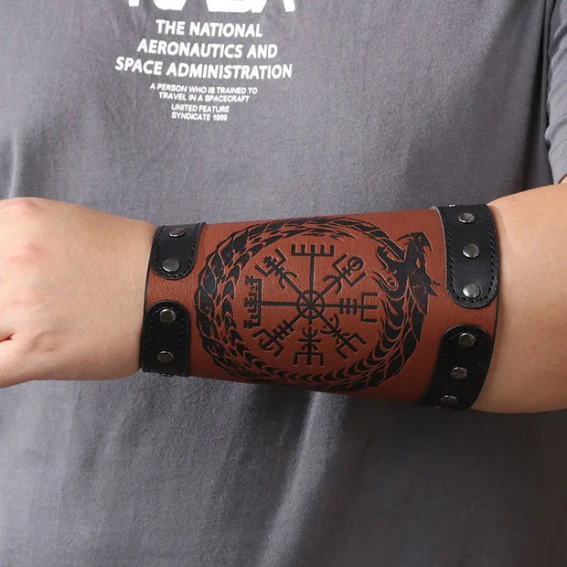 Viking Cuff Bracelet for Men Viking Symbol Arm Guard - Large Leather Viking Cuff Bracelet for Men Wicked Tender