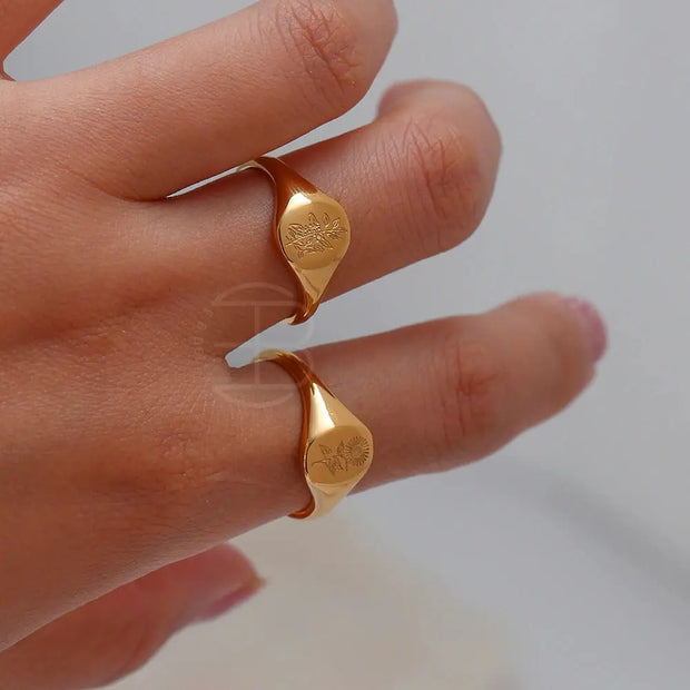 Wildflower Engraving Signet Ring - Gold Plated Minimal Stacking Ring For Women Wicked Tender