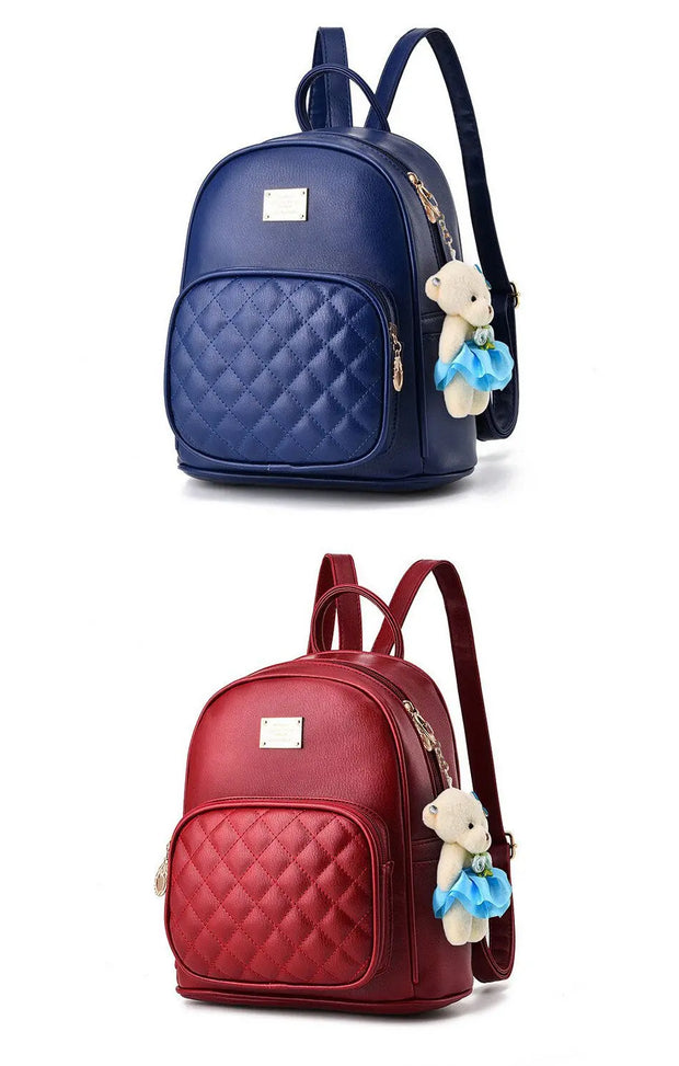Womens PU Leather Backpack with Diamond Lattice Front Pocket - Vogue Fashion Mini Bag in Pink, Black, Red, Blue, Beige, Grey, Copper Wicked Tender