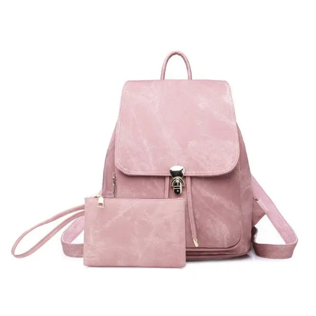 Womens Pink PU Leather Backpack and Wallet - Faux Leather Rucksack for School in Powder Pink, Khaki, Blue, Grey, Black, Fits iPad, Tablets, Laptop Wicked Tender