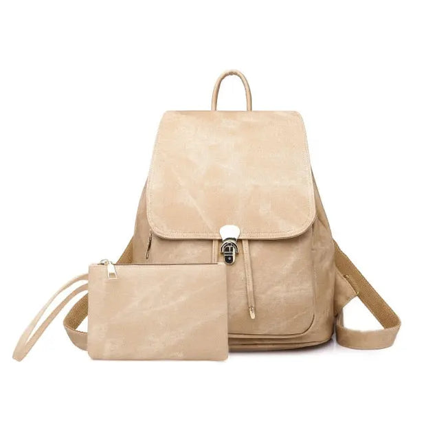 Womens Pink PU Leather Backpack and Wallet - Faux Leather Rucksack for School in Powder Pink, Khaki, Blue, Grey, Black, Fits iPad, Tablets, Laptop Wicked Tender