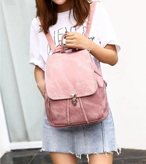 Womens Pink PU Leather Backpack and Wallet - Faux Leather Rucksack for School in Powder Pink, Khaki, Blue, Grey, Black, Fits iPad, Tablets, Laptop Wicked Tender